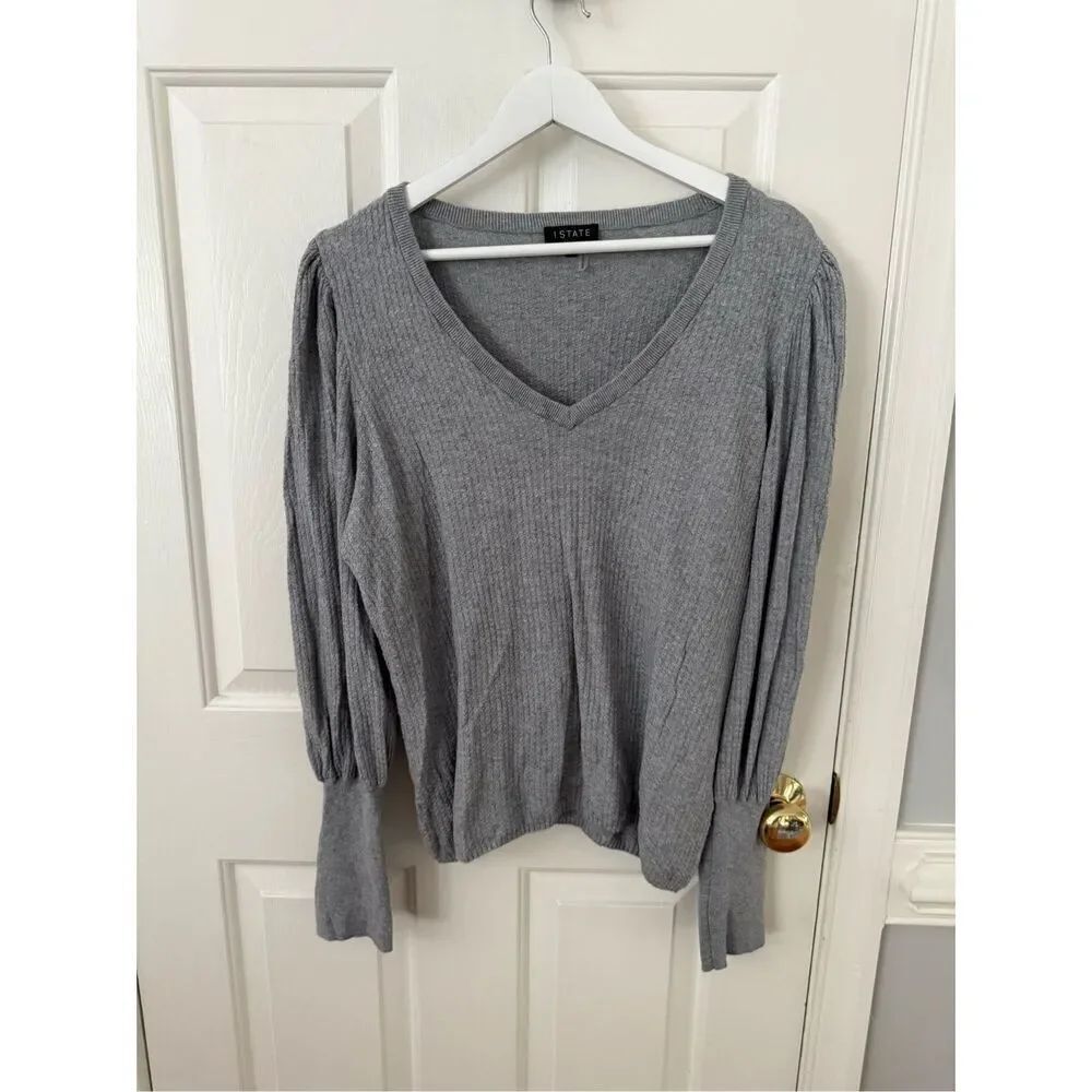 1.State Gray Puff Bishop Sleeve Waffle Knit Top sz XXL EUC